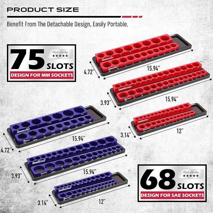 Magnetic Socket Holder Organizer Set: 6-Piece Detachable 1/2 3/8 1/4 Drive Sockets Storage Tray Magnetic Socket Organizer Tool Box Drawer Tool Box Organizers Storage Metric SAE (Sockets Not Included)