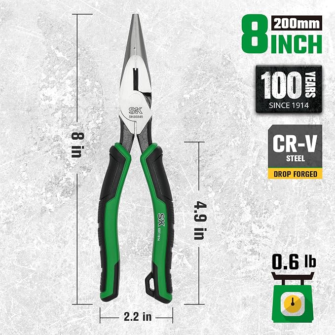 SK 8-Inch Long Nose Pliers, Needle Nose Pliers, High Carbon Steel, Ergonomic Anti-slip Handle for Comfortable Grip