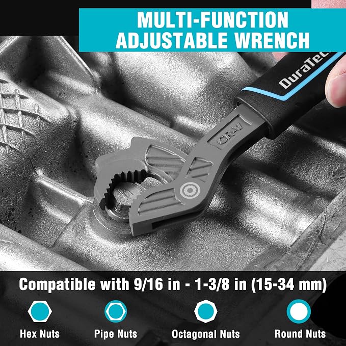 DURATECH 10-Inch Self-Adjusting Wrench, Self-Locking Pipe Wrench | Adjustable Size 9/16"-1-3/8"(15-34mm), Cr-V Steel, Non-Slip TPR Handle, For Home Repair, Mechanic and DIY Projects