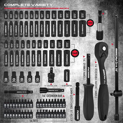 105-Piece 1/4" Drive Impact Socket Set, SAE 5/32"-9/16" & Metric 4-15mm, CR-V Steel Mechanics Tool Set with Ratchet Wrench, Adapters, Universal Joint, Screwdriver Bits, Bit Holder, Extension Bar