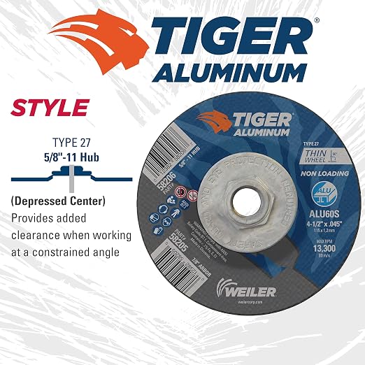 Weiler 58206 4-1/2 Inch Cutting Wheel, Tiger Aluminum Non-loading Contaminant-free High Performance Cutting, .045" ALU60S Type 27 5/8"-11 Hub, Pack of 10