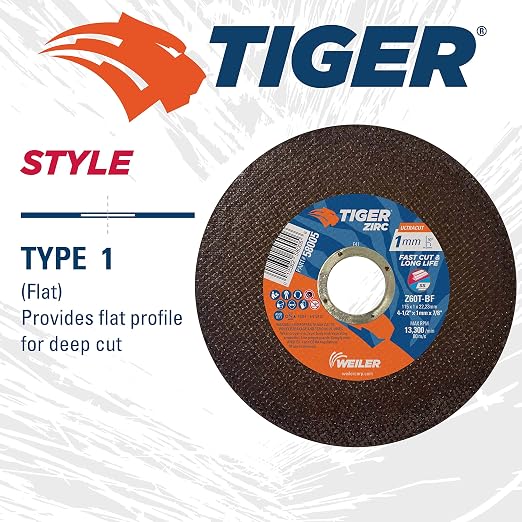 Weiler 58005 4-1/2 Inch Cutting Wheel, Tiger Zirc Steel/Metal Ultracut 1 mm Fast Cut & Long Life High Performance Thin Cutting, 1mm Z60T Type 1 7/8" Arbor, Pack of 50