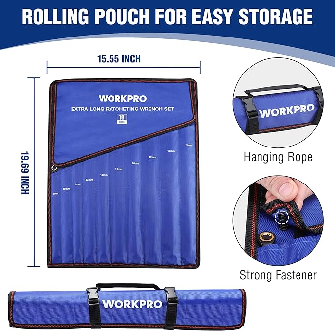 WORKPRO Extra Long Ratcheting Wrench Set, 10-Piece Anti-Slip Double Box Wrenches Set, Metric 8-19 mm, 72-Teeth, Cr-V Steel and Black Electrophoretic Coating Wrenches with Rolling Pouch