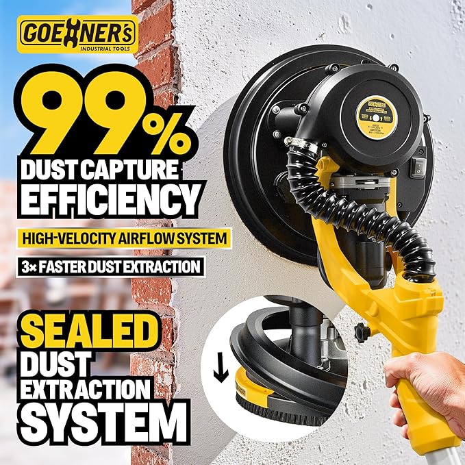 Drywall Sander, 950W 8.5A Electric Drywall Sander with Vacuum Dust Collector, 9 Variable Speed 800-2100RPM, 26FT Power Cord, Wall Sander for Popcorn Ceiling, Pole Sander for Drywall (Yellow)