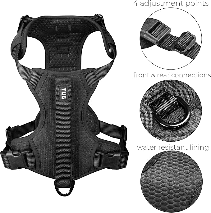 TUG Grab Dog Harness with Built-in Magnetic Traffic Leash (Large/Black) | Padded Magnetic Traffic Leash | Dual Leash Clips | 4-Point Adjustable Fit | Durable Nylon