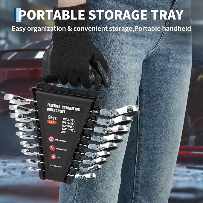 Garvee 9 Piece SAE Ratcheting Wrench Set Combination Ratcheting Wrench Set | 72-Tooth 5° Swing Arc 40Cr Steel, SAE 1/4" to 3/4" Coverage for Automotive Repair, Mechanical Maintenance & DIY Projects