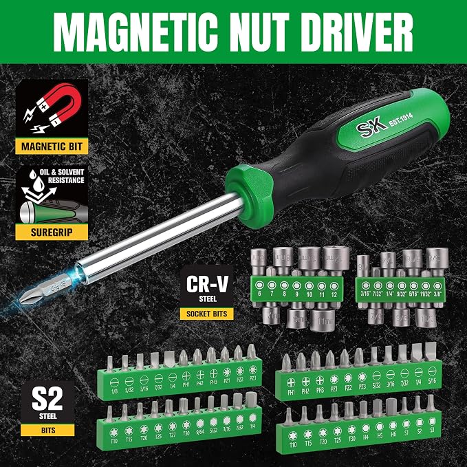SK 163-Piece Mechanics Tool Set, 1/4", 3/8" & 1/2" Drive Socket, SAE&Metric | Professional Tool Set with 72-Tooth Pear Head Ratchet, Deep & Shallow Sockets, SuperKrome Finish, with Storage Suitcase