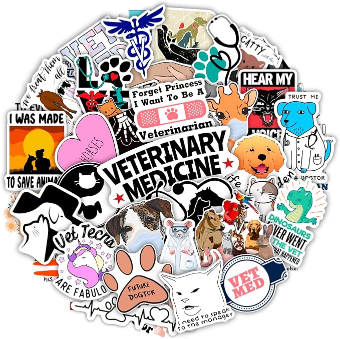 BulbaCraft 100Pcs Funny Veterinary Stickers and Laptop Decals, Vet Stickers, Veterinarian Decals, Funny Veterinary Gifts, Gifts for Women & Men