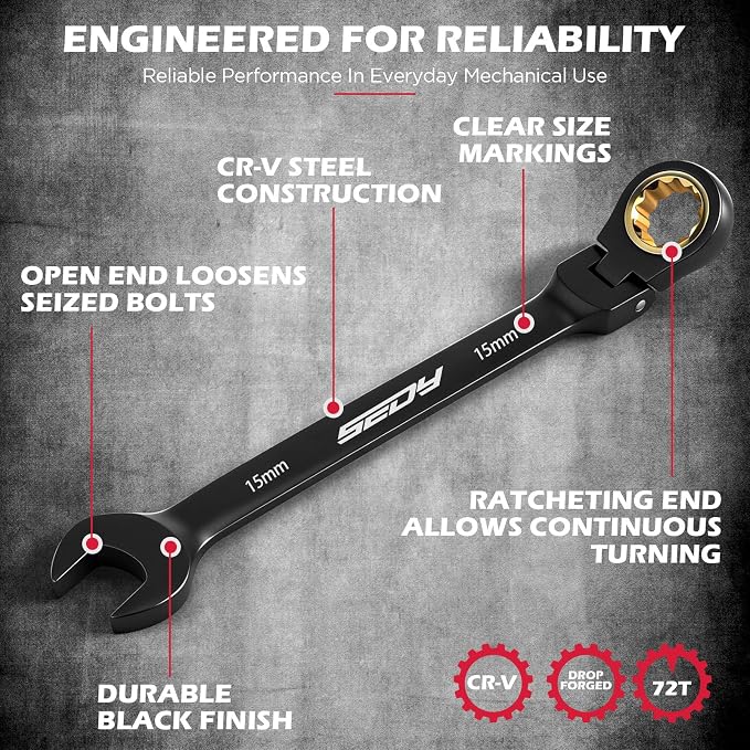 Premium 24-Piece Flex-Head Ratcheting Wrench Set, Metric(8–19mm)& SAE(1/4-7/8") Combination Wrenches, 72-Tooth CR-V Steel with Durable Black Finish, Ratchet Spanners with Roll-Up Tool Pouch for Repair