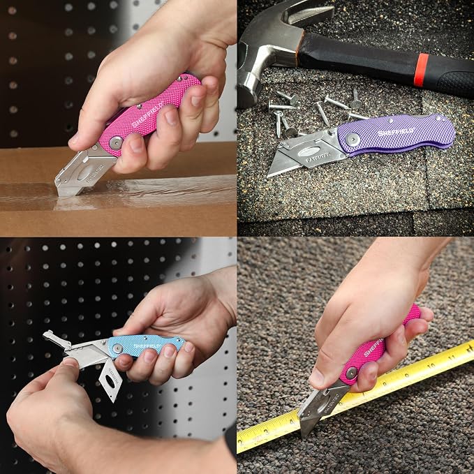 Sheffield 12353 Lock Back Utility Knife 3 Pack with 10 Blades, Quick Change Folding Box Cutter, Aluminum Handle Utility Knives with Pocket Clip, Pink, Purple & Light Blue