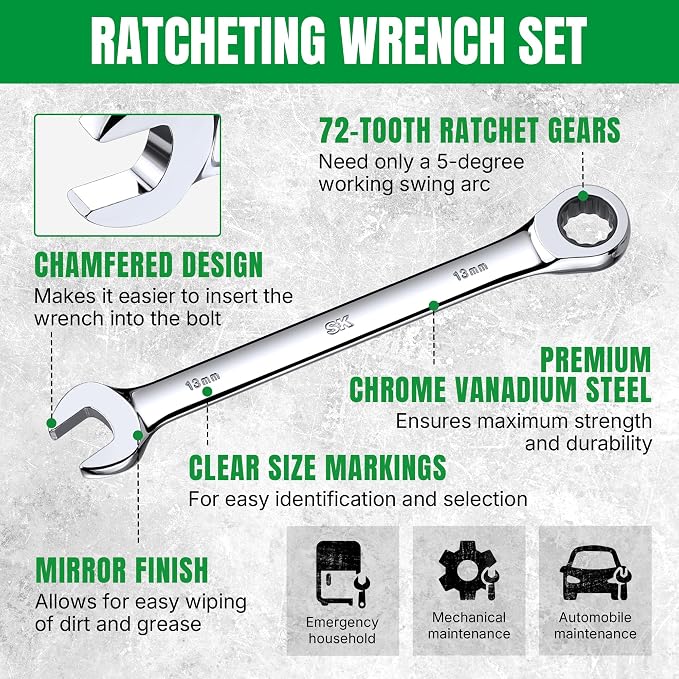 SK Ratchet Wrenches Set, SAE 1/4" to 3/4", Metric 6-18mm, 20-Piece | Ratcheting Wrench Set, Combination Wrench Set, 72-Tooth, Premium CR-V Steel, Chrome Plating Surface, Roll-Up Pouch