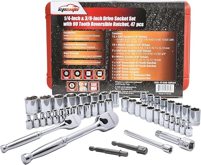 EPAuto 47 Pieces 1/4-Inch & 3/8-Inch Drive Socket Set, 90 Tooth Ratchet