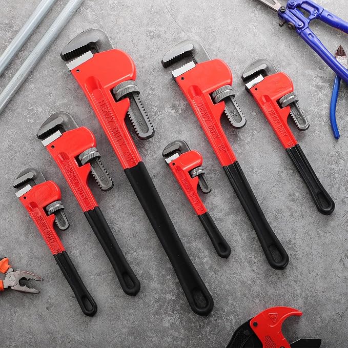 6 Piece Heavy Duty Pipe Wrench Set - 8", 10", 12", 14", 18", 24", Adjustable Chrome Vanadium Steel Plumbing Wrench Set with Soft Handle & Gloves for Plumbers, Pipeline, Auto Repair(Red)