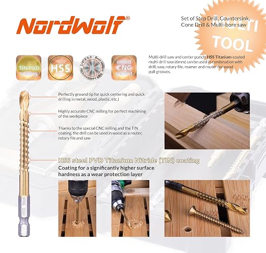 NordWolf 12-Piece HSS Titanium Metric Step, Countersink, Cone Drills with 1/4" Hex Shank, Multi Drill Saw & Automatic Center Punch Set in Storage Case