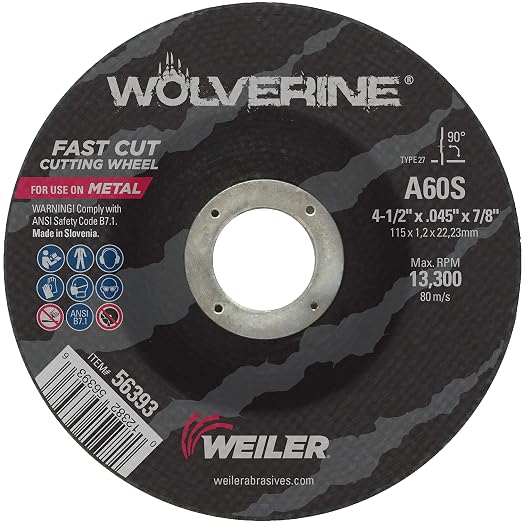 Weiler 56393 4-1/2 Inch Cutting Wheel, Wolverine AO Steel/Metal Fast Cutting, .045" A60S Type 27 7/8" Arbor, Pack of 25