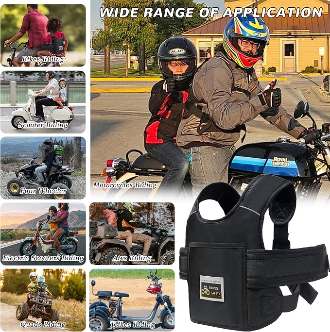 Child Motorcycle Safety Harness Reflective Strip, Reflective Child Motorcycle Harness Adjustable, Safety Harness For Kids & Toddlers Aged 3-12 Years - Black