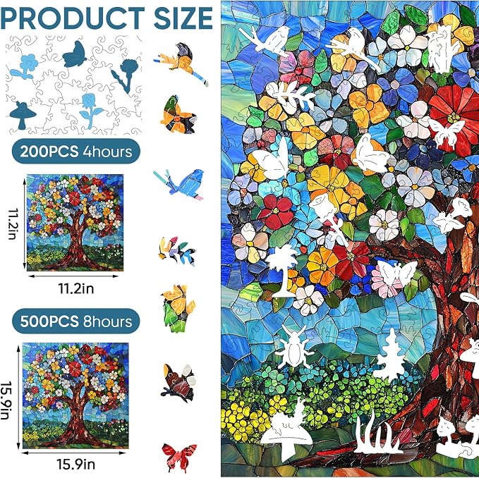 Delobil Mosaic Art Flower Tree Wooden Puzzle for Adults, 5mm Thick Stained Glass with 200 Unique Shaped Pieces, Challenge Puzzle Gift for Adults, 11.2 x 11.2 Inches