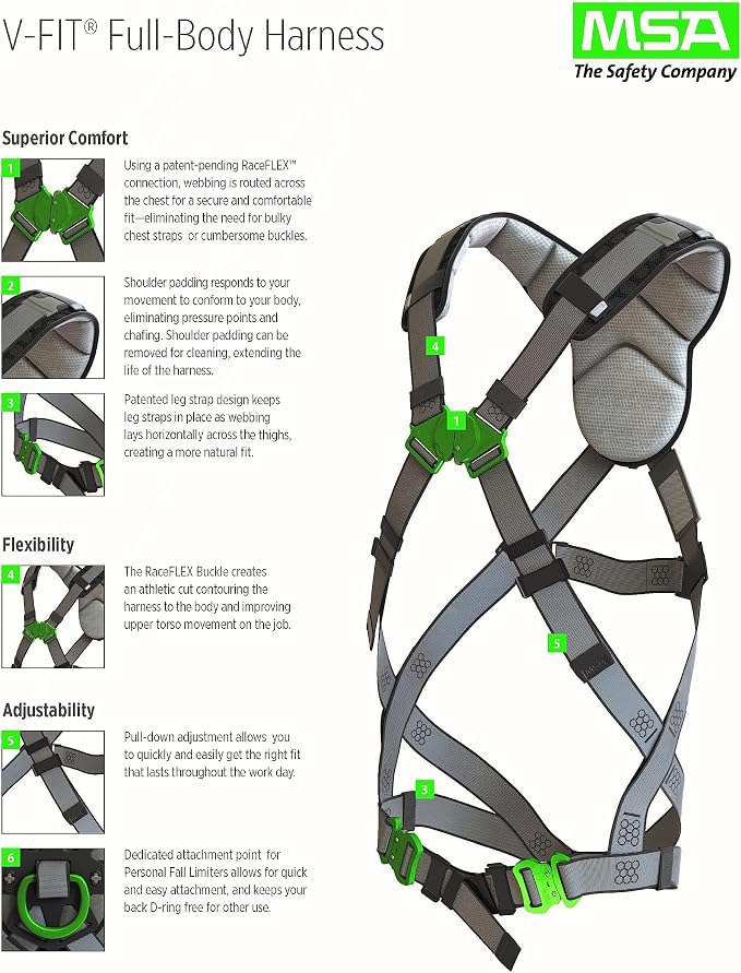 MSA V-FIT Standard Safety Harness - Polyester & Nano-Technology Treated Web Full Body Harness Back, Shoulder Padding, Gray
