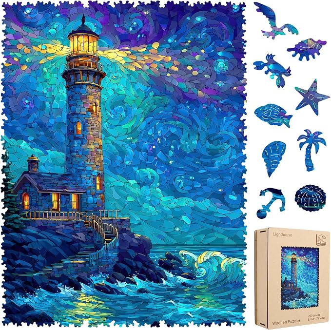 Leodozzio Lighthouse Wooden Jigsaw Puzzles 500 Pieces, Stained Glass Puzzle, 5MM Thick Unique Shaped Ocean Wooden Puzzle for Adults, Nautical Art Gift, Family Game, 12.2x16.1 Inch