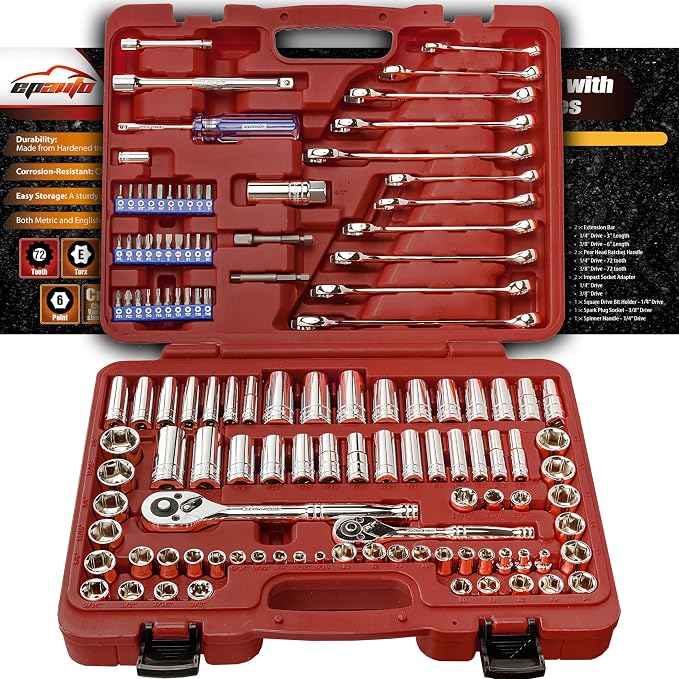 EPAuto 122 Pcs Mechanics Tool Set Drive Socket Wrench Ratchets, SAE/Metric | Mechanics Tool Set Drive Socket Wrench Ratchets, SAE/Metric, 122-Piece