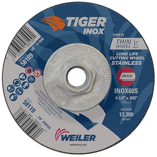 Weiler 58109 4-1/2 Inch Cutting Wheel, Tiger Inox Stainless Steel Contaminant-free High Performance Cutting, .045" INOX60S Type 27 5/8"-11 Hub, Pack of 10