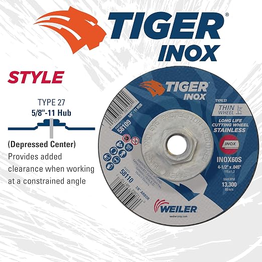 Weiler 58109 4-1/2 Inch Cutting Wheel, Tiger Inox Stainless Steel Contaminant-free High Performance Cutting, .045" INOX60S Type 27 5/8"-11 Hub, Pack of 10