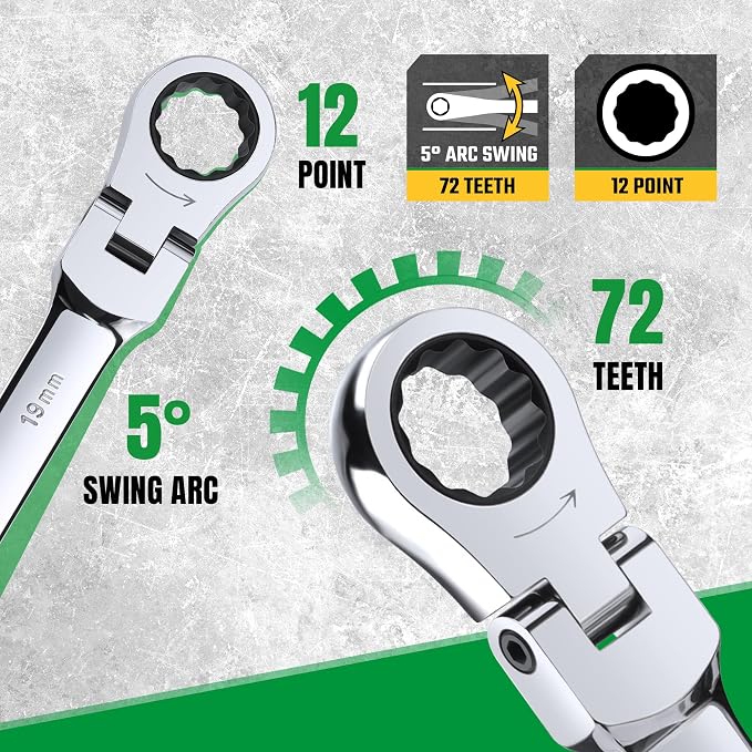 SK Flex Head Ratcheting Wrench Set, Metric 8-25mm, 16-Piece, 72-Tooth | Ratchet Wrenches Set 72-Tooth, Combination Wrench Set, Chamfered Head Design, Premium CR-V Steel, Roll-Up Pouch