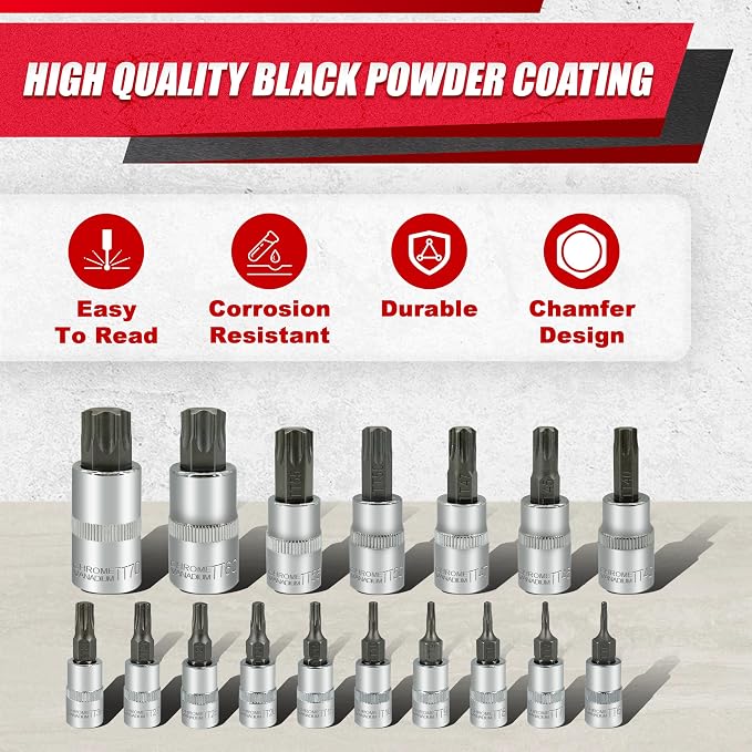 EACELIY 64PCS 1/4,3/8&1/2” Master Torx Bit Socket Set and External Torx Socket Set,E4-E24,T6-T70,TT6-TT70,TP8-TP60,Adapters,S2 and Cr-V Steel