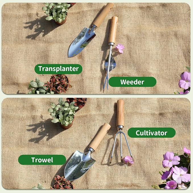 Garden Tool Set,10 Piece Garden Kit,Heavy Duty Stainless Steel Gardening Hand Tools with Durable Storage Tote,Rust-Proof Garden Tools,Gardening Gifts for Women Men Pink Floral Pattern Design