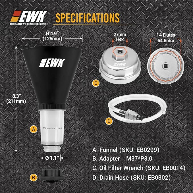 EWK 64mm Oil Filter Wrench, Drain Hose & Oil Funnel Set, Complete No-Mess Forged Aluminum Oil Change Kit for Toyota, Lexus, Scion 2.0L - 5.7L Engines