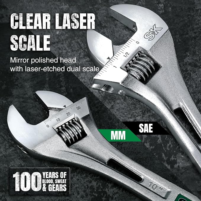 SK 10-Inch Adjustable Wrench, 1-7/16" Jaw Capacity, SAE&Metric Scales | X-Frame Handle, Precision Jaw, Heat Treated CR-V Steel, Chrome-Plated Rust Resistant Finish