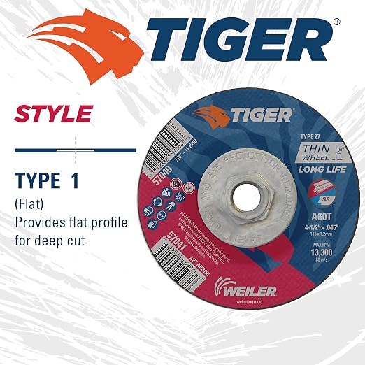 Weiler 57040 4-1/2 Inch Cutting Wheel, Tiger AO Steel/Metal Long Life Performance Cutting, .045" A60T Type 27 5/8"-11 Hub, Pack of 10