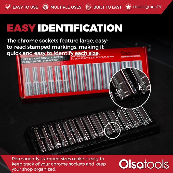 Olsa Tools 1/4-Inch Drive SAE Deep Socket Set - 14pc | 6-Point Chrome Vanadium Sockets, 4mm–15mm, No Skipped Sizes - Professional-Grade SAE Socket Sets - Part: 1327