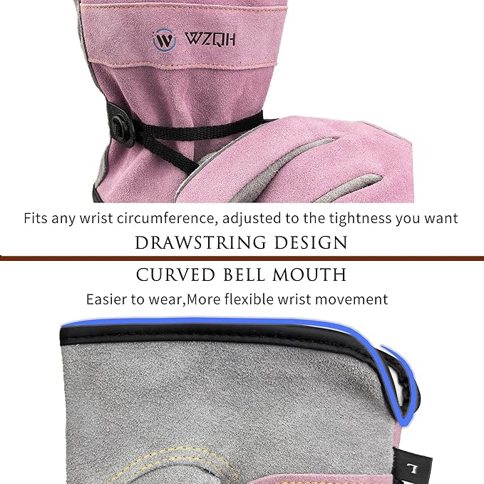 WZQH Leather Work Gloves for Men or Women. XX-Large Glove for Gardening, Tig/Mig Welding, Construction, Chainsaw, Farm, Ranch, etc. Cowhide, Cotton Lined, Utility, Firm Grip, Durable. Pink-Grey 2XL