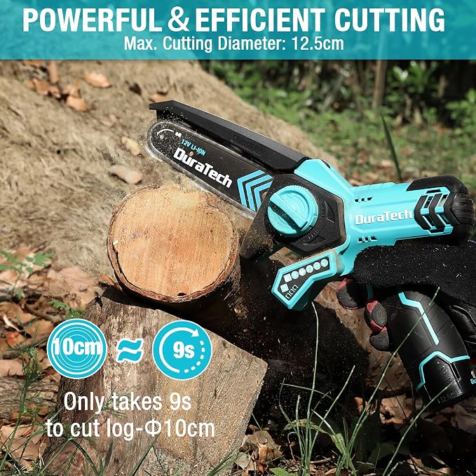 DURATECH 12V Mini Chainsaw, 6 Inch Cordless Electric Wood Cutting Saw | 2 Batteries, 2 Chains, One-Hand Operation, Portable Design, Tree Pruning, Garden Maintenance, Branch Cutting, DIY Projects