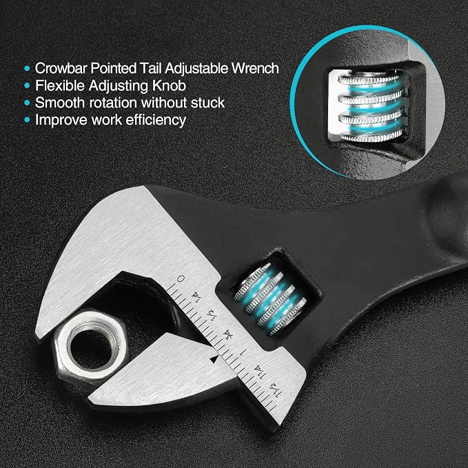 DURATECH 12-Inch Adjustable Construction Spud Wrench | Black Oxide Finish, CR-V Steel, SAE and Metric Scale Marked, Alignment Holes and Tail Crowbar Features