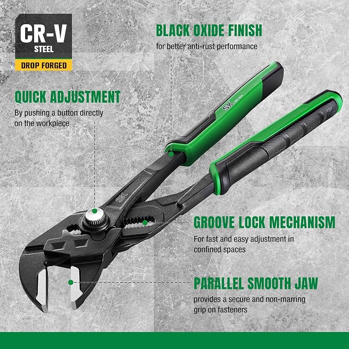 SK Pliers Wrench Set, Adjustable Parallel Smooth Jaw, 6'', 7.5'' & 10'' | 3-Piece Water Pump Pliers, Groove Joint Pliers, Premium CR-V Steel, Ergonomic Anti-slip Handle, with Rolling Pouch