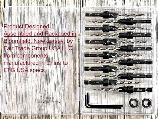 FTG USA Countersink Drill Bit Set 6 Pc #8 (11/64"), 6 Pc #10 (3/16") Tapered Countersink Bit, Stop Collar, Hex Wrench, Woodworking Countersink Drill Bits