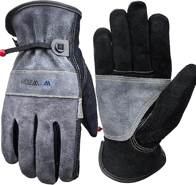 WZQH Leather Work Gloves for Men or Women. X-Large Glove for Gardening, Tig/Mig Welding, Construction, Chainsaw, Farm, Ranch, etc. Cowhide, Cotton Lined, Utility, Firm Grip, Durable. Grey-Black XL