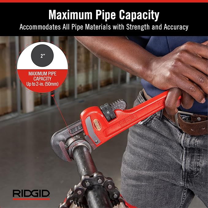 RIDGID 31015 Heavy-Duty Straight Pipe Wrench, 12" Sturdy Plumbing Wrench with Self Cleaning Threads and Hook Jaws, Red, Small