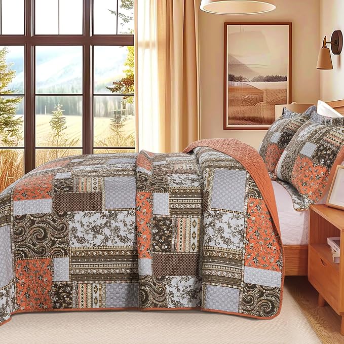 BEDIFANY Cotton California King Size Quilt for Farmhouse- Fall Patchwork Bedspread Set - Highly-Woven Soft Reversible Oversized King Size Coverlet for All Seasons (Floral Orange) 3 Pieces