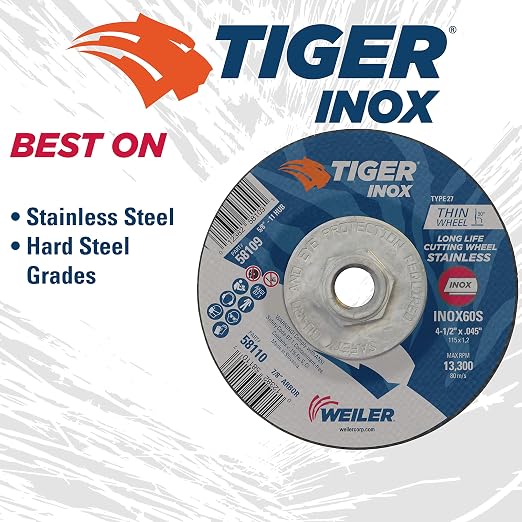 Weiler 58109 4-1/2 Inch Cutting Wheel, Tiger Inox Stainless Steel Contaminant-free High Performance Cutting, .045" INOX60S Type 27 5/8"-11 Hub, Pack of 10