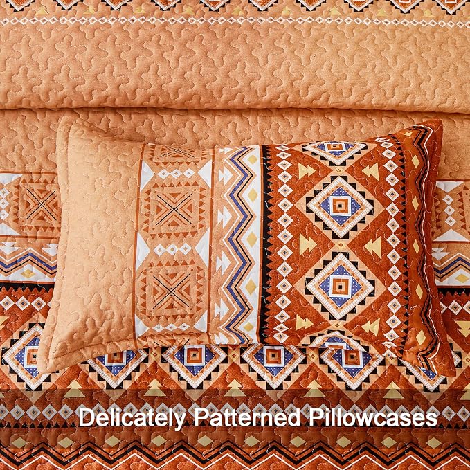 WONGS BEDDING Burnt Orange Boho Quilt Set Full,3 PCS Summer Quilt Bedspread Lightweight Geometry Printed Coverlet Set with 2 Pillowcase,Soft Bohemian Bedding Set 78''×90''