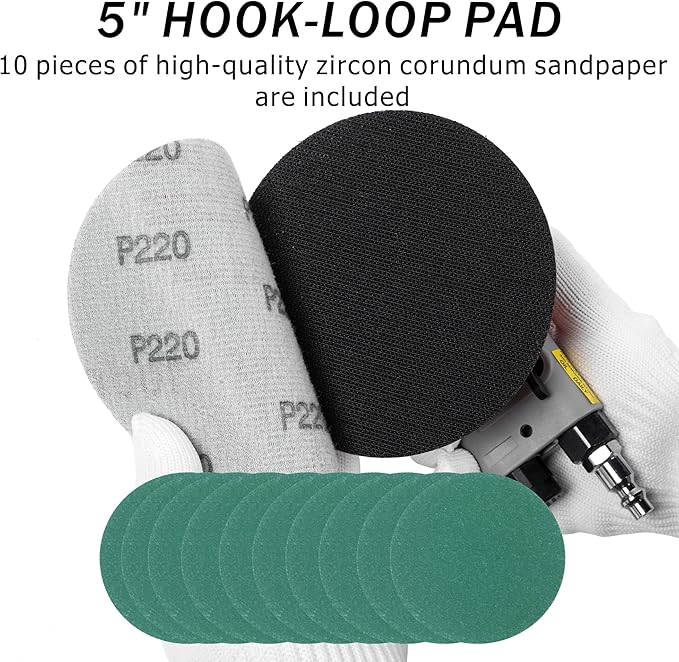 Pneumatic random orbital sander 5-inch light weight palm sander 3/16" (5 mm) diameter orbit 12000 RPM with extra 10pcs sandpaper