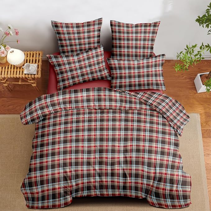 Sedefen Gingham Duvet Cover Queen Vintage Brown Plaid Bedding Set Kids Boys Girls Retro Grid Checked Soft Breathable Duvet Cover Set 3 Pieces