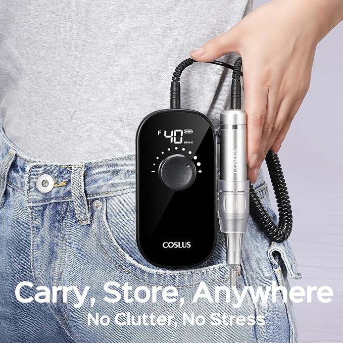 COSLUS E51 Professional Electric Nail Drill, 40000 RPM Portable Rechargeable Nail File with Storage Stand for Acrylic Gel Polishing Removing - Easy to Use for Women, Manicure at Home or Salon, Black