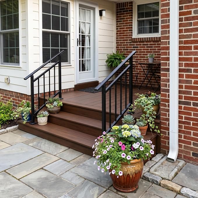 Hand Rails for Outdoor Steps，Stair Handrail & Indoor Stair Railing Kit，Railings for Outdoor Steps for Fence & Outdoor Steps (1, Black-with Balusters, 3 Step)