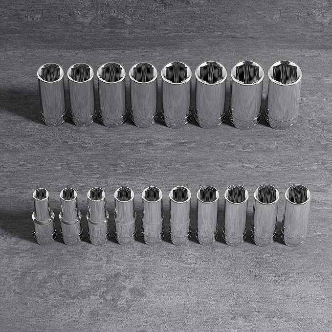 Olsa Tools 1/2-Inch Drive SAE Deep Socket Set - 18pc | 6-Point Chrome Vanadium Sockets, 10mm–27mm, No Skipped Sizes - Professional-Grade SAE Socket Sets - Part: 1325