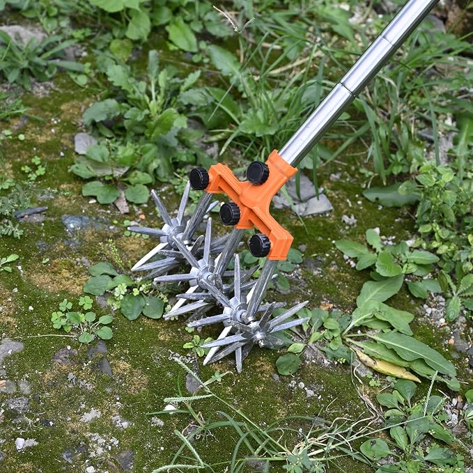 BARAYSTUS Rotary Cultivator Garden Rotary Tiller Adjustable Stainless Steel Poles Hand Tiller for Soil Mixing or Reseeding Grass Lawn Tiller Total Length 57 Inch