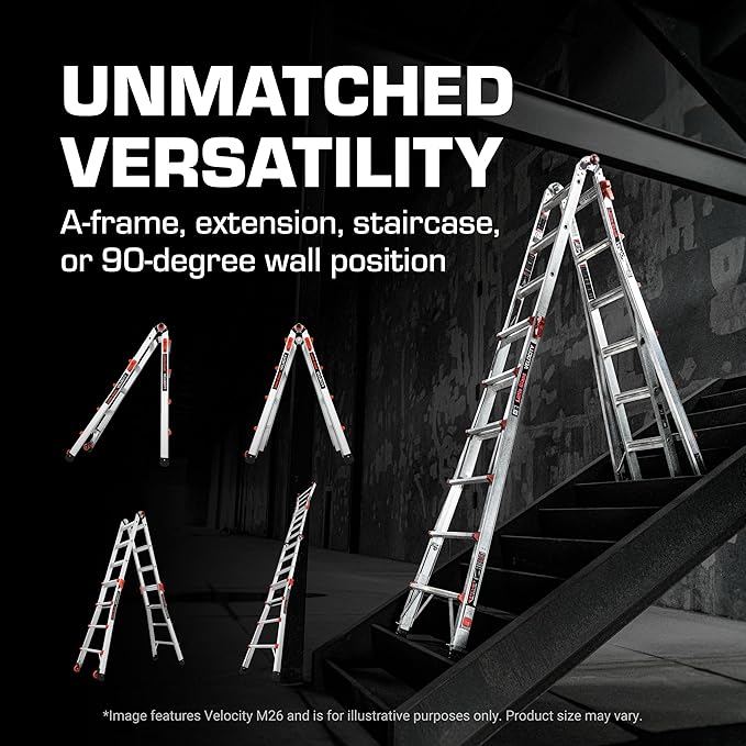 Little Giant Ladders Velocity 26-Ft Folding Multi-Position Ladder, Aluminum, 300 lb Load Capacity, Type 1A Extra Heavy Duty, 26-Ft Reach, with Ratchet Levelers and Wheels (15426-801)